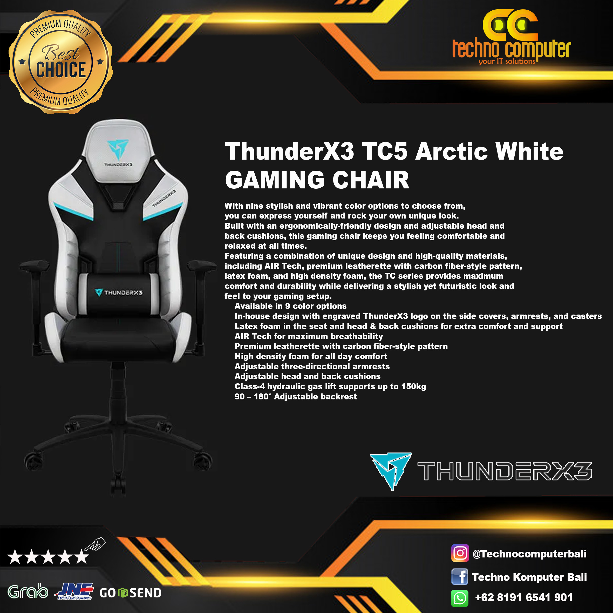 KURSI GAMING ThunderX3 TC5 GAMING CHAIR Up to 150kg - ARCTIC WHITE