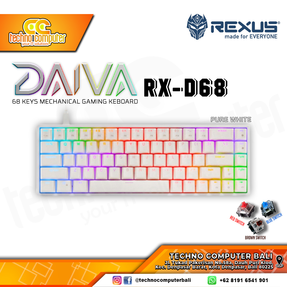 REXUS DAIVA RX-D68 White - Mechanical Brown Switch - Gaming Keyboard