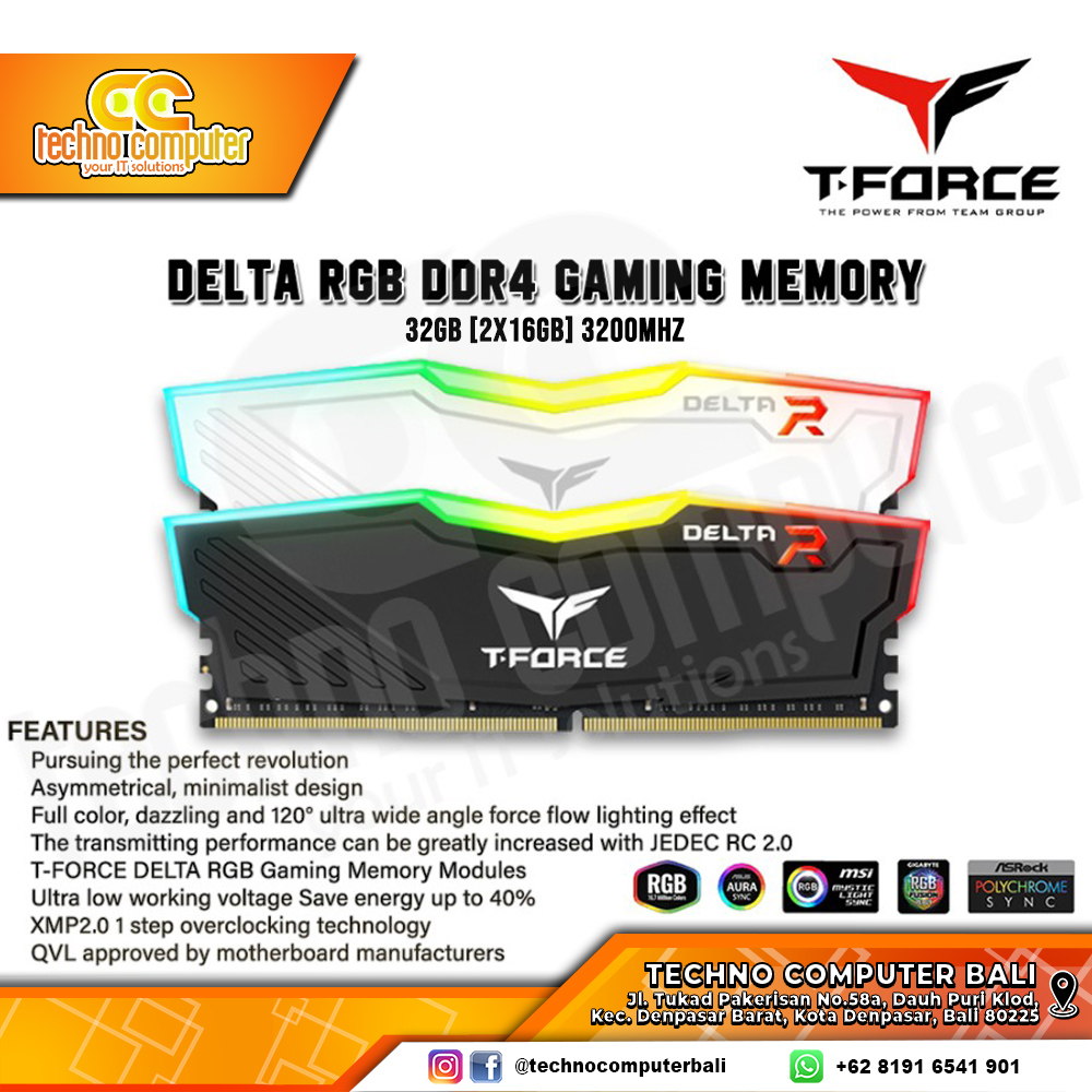 DDR4 TEAM T-FORCE DELTA RGB 32GB (2x16GB) Kit 3200Mhz - WHITE