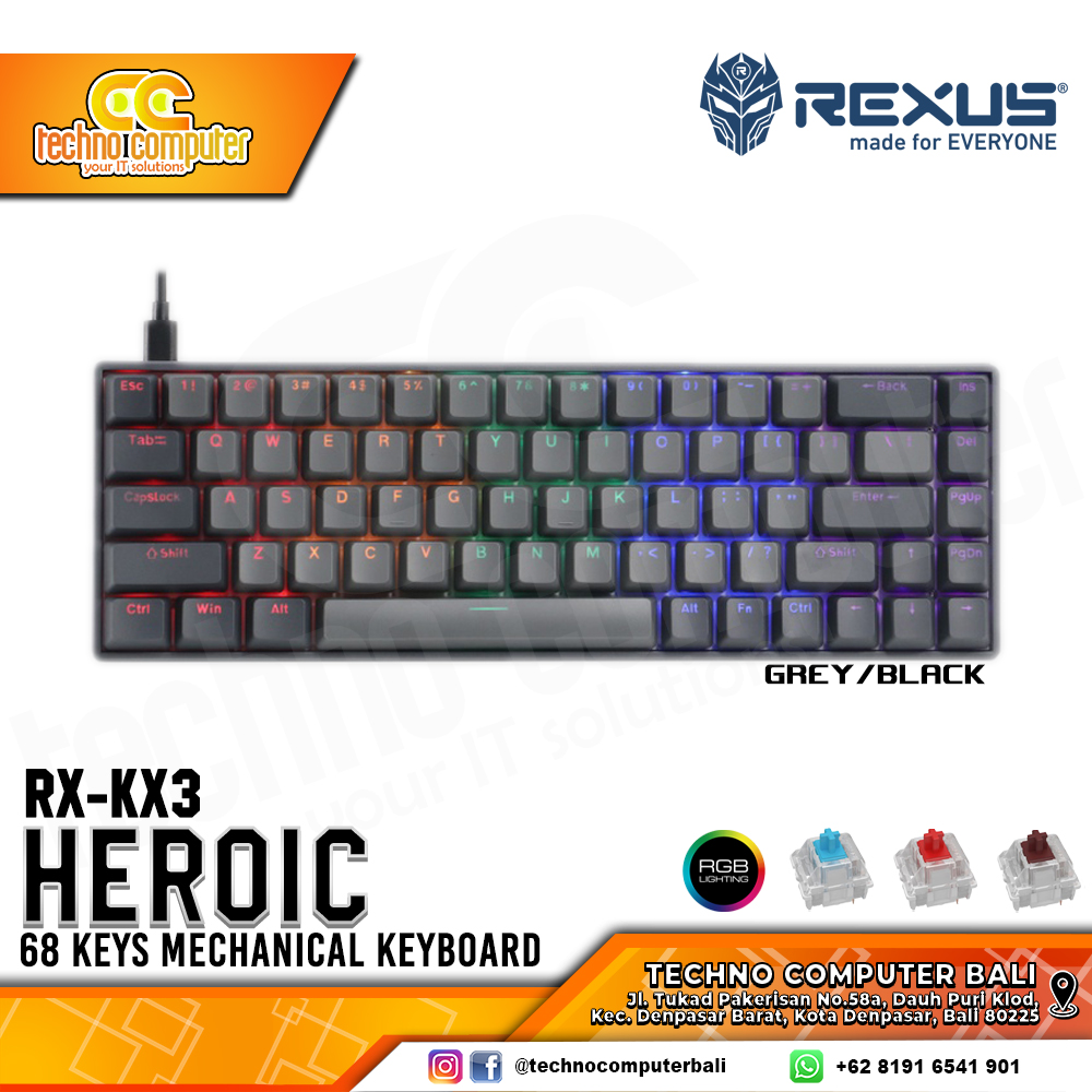 REXUS HEROIC KX3 Grey/Black - Mechanical Brown Switch - Gaming Keyboard