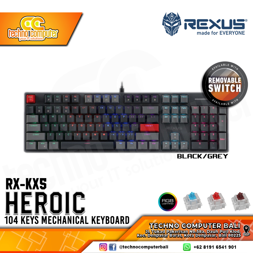 REXUS HEROIC KX5 V2 Black/Grey - Mechanical Red Switch - Gaming Keyboard