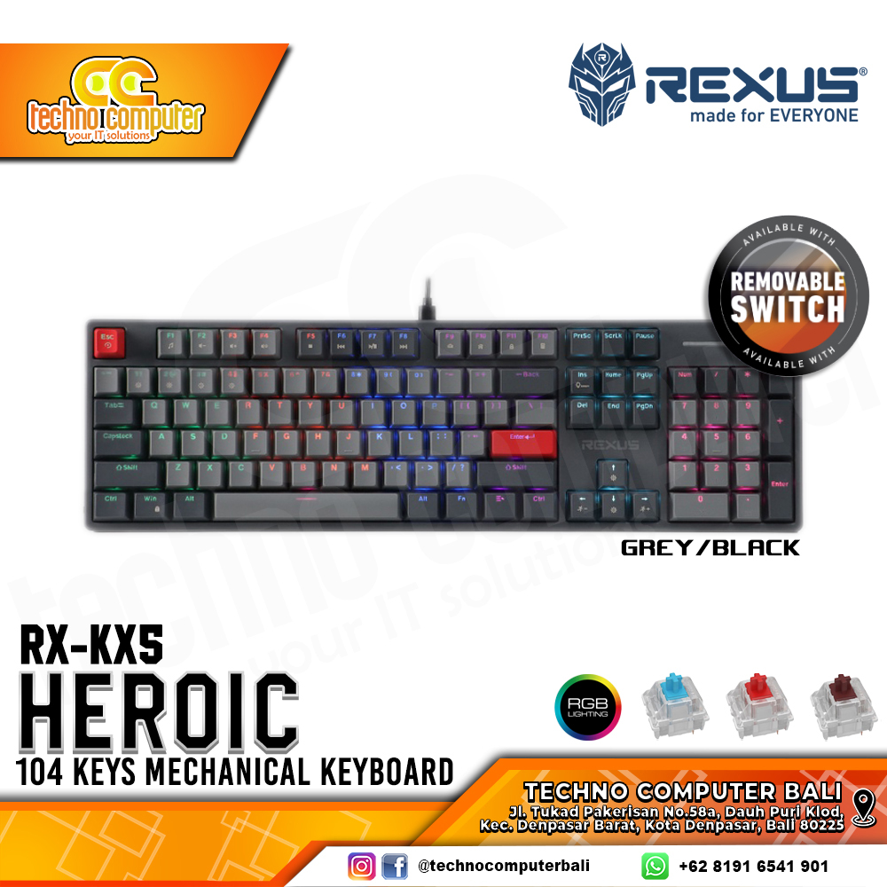 REXUS HEROIC KX5 V2 Grey/Black - Mechanical Bown Switch - Gaming Keyboard