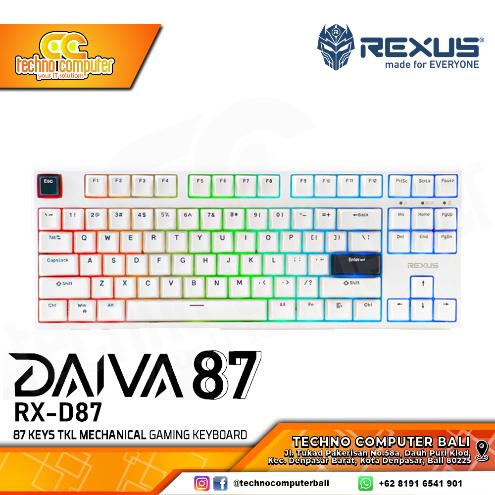 REXUS DAIVA RX-D87 Otemu White - Mechanical MONKA Purple Switch - Gaming Keyboard Wireless