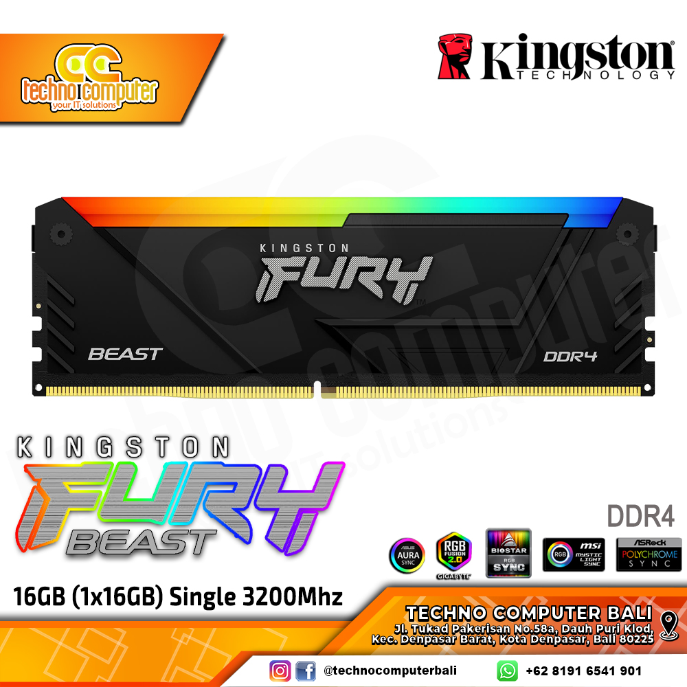 DDR4 KINGSTON FURY BEAST RGB 16GB (1x16GB) Kit 3200Mhz
