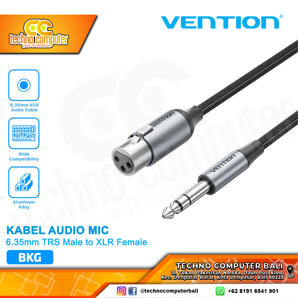 VENTION KABEL AUDIO MIC 6.35mm TRS Male to XLR Female Braided Grey - BKG 1M