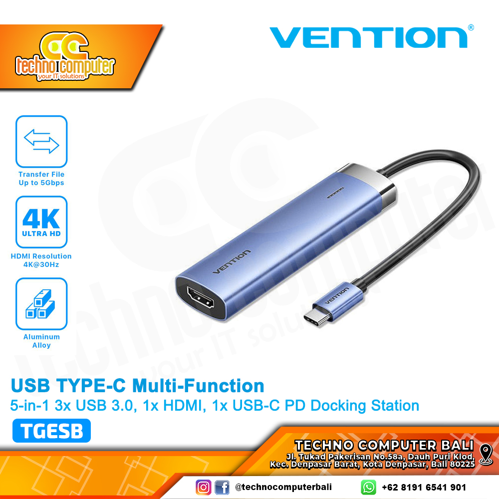 VENTION Multi-Function 5-in-1 Type-C USB HUB HDMI PD Docking Station - TGESB