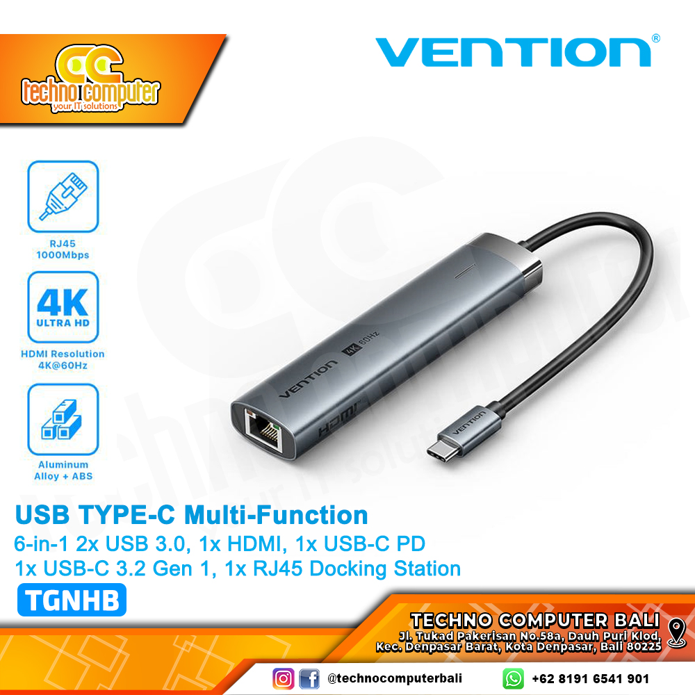 VENTION Multi-Function 6-in-1 Type-C USB HUB HDMI PD RJ45 Docking Station - TGNHB