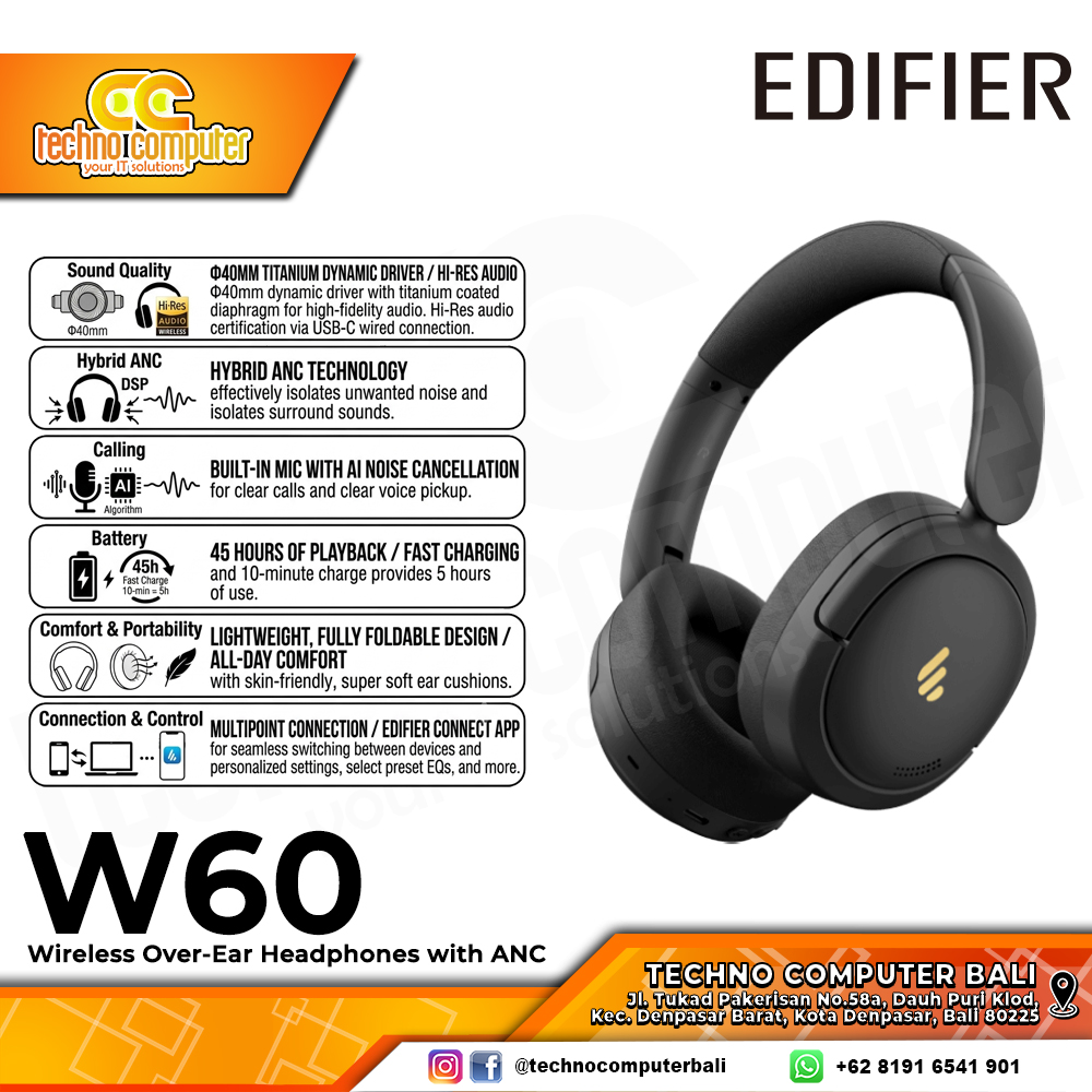 HEADPHONE EDIFIER W60 Wireless Hi-Res Audio ANC Black - Headphone Wireless