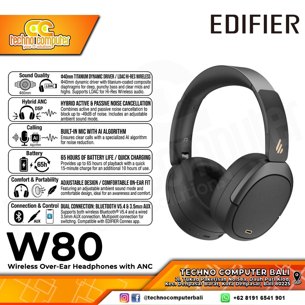 HEADPHONE EDIFIER W80 Wireless Noise Cancelling Black - Headphone Wireless